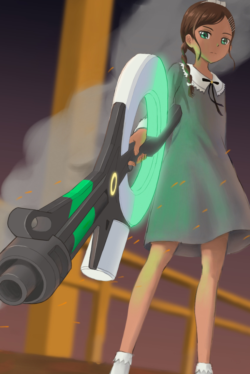 absurdres aonuma_neiru blurry blurry_background bow braid brown_hair dark-skinned_female dark_skin dress female green_eyes grey_dress gun hair_ornament hairbow hairclip highres holding holding_gun holding_weapon outdoors smoke socks solo standing weapon white_bow white_socks wonder_egg_priority yoshinariyoshida