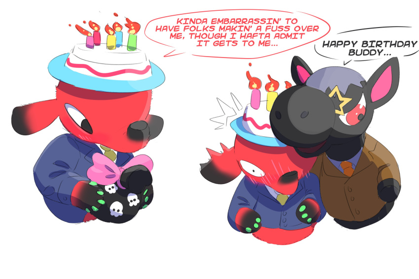 2020 3:2 animal_crossing anthro big_ears big_head big_nose birthday_gift black_body black_ears black_eyes black_nose black_skin bow_(feature) cake candle clothed clothing cyd_(animal_crossing) dessert dialogue duo elephant elephantid english_text equid equine food gift grey_hair hair hat headgear headwear hi_res horse long_nose looking_away looking_down male mammal multicolored_body multicolored_ears multicolored_nose multicolored_skin narrowed_eyes necktie nintendo poetax proboscidean proboscis_(anatomy) purple_hair red_body red_ears red_eyes red_nose red_skin roscoe_(animal_crossing) short_hair simple_background smile squint suit text toony trunk_(anatomy) white_background wide_eyed