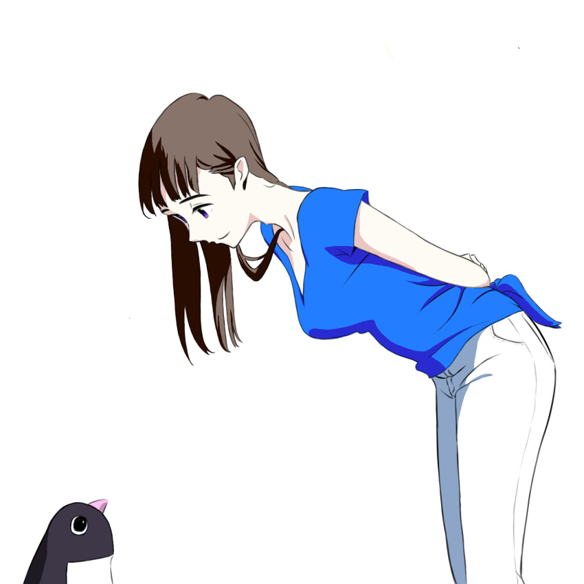 agepanda arms_behind_back bird blue_shirt brown_eyes brown_hair eye_contact female highres leaning_forward long_hair looking_at_animal looking_at_another onee-san_(penguin_highway) pants penguin penguin_highway shirt short_sleeves simple_background smile solo standing white_background white_pants