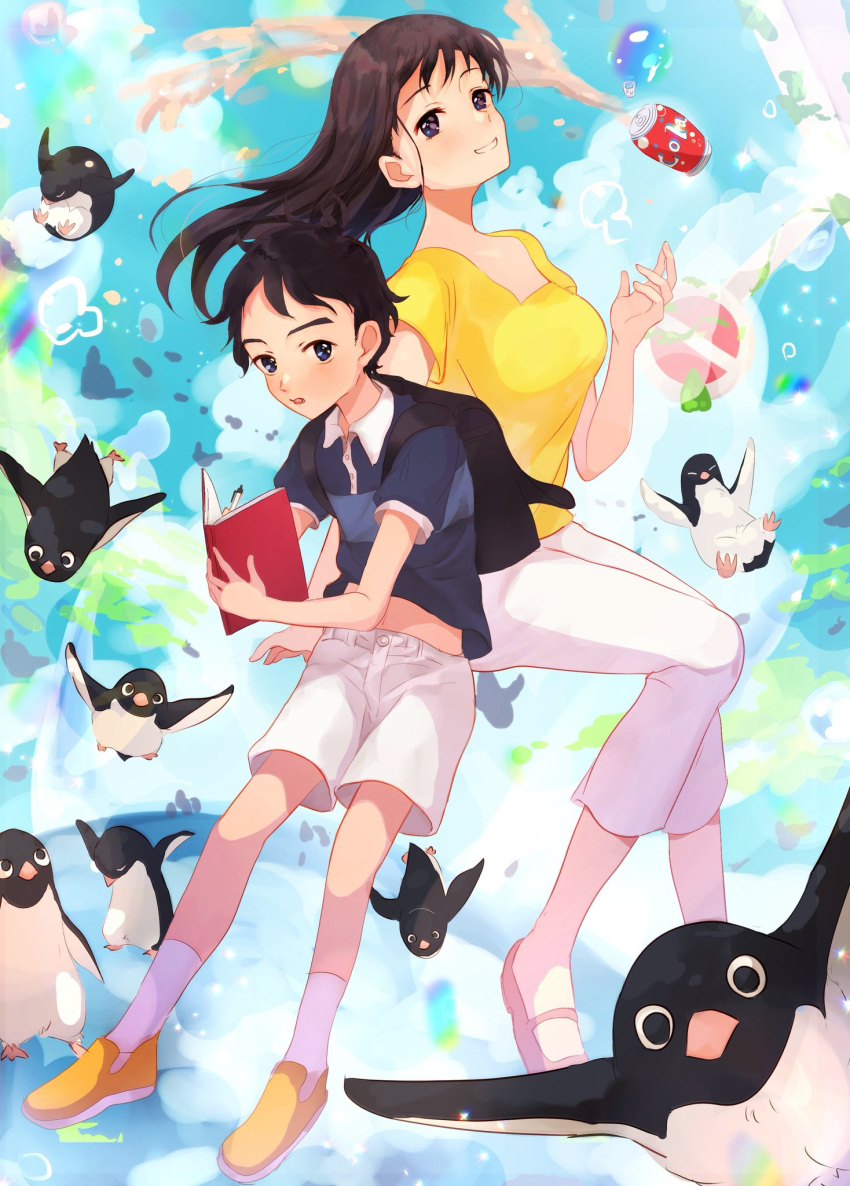 1boy aoyama-kun_(penguin_highway) backpack bag bird black_hair blue_sky book brown_eyes brown_hair can day drink_can female highres lolicon long_hair looking_at_viewer onee-san_(penguin_highway) pants peach_punch pen penguin penguin_highway shirt shorts sky smile soda_can white_pants writing yellow_shirt