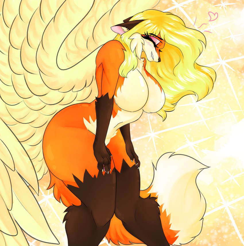 absurd_res angel anthro bent_legs big_breasts blonde_hair blush breasts canid canine cassielink cheek_tuft claws digital_media_(artwork) digital_painting_(artwork) eyeshadow facial_tuft feathered_wings feathers featureless_breasts female fluffy fluffy_tail fox fur giggle glistening glistening_body glistening_skin hair hands_on_legs hands_on_own_legs hands_on_own_thighs hands_on_thighs heart_reaction heart_symbol hi_res holding_both_legs holding_both_thighs knees_together knock-kneed laugh leaning_on_self legs_together makeup mammal navel nude orange_body orange_fur outline_heart shy smile solo sparkles sparkling_background tail teeth teeth_showing tuft wings