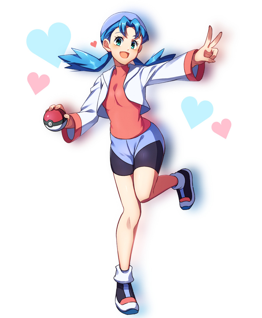 :d bike_shorts blue_hair breasts commentary_request cropped_jacket eyelashes female full_body green_eyes hat heart highres holding holding_poke_ball jacket kankitukou knees leg_up long_hair marina_(pokemon) open_clothes open_jacket open_mouth outstretched_arm partial_commentary poke_ball poke_ball_(basic) pokemon pokemon_(anime) pokemon_(classic_anime) shirt shoes smile solo standing standing_on_one_leg twintails v white_background