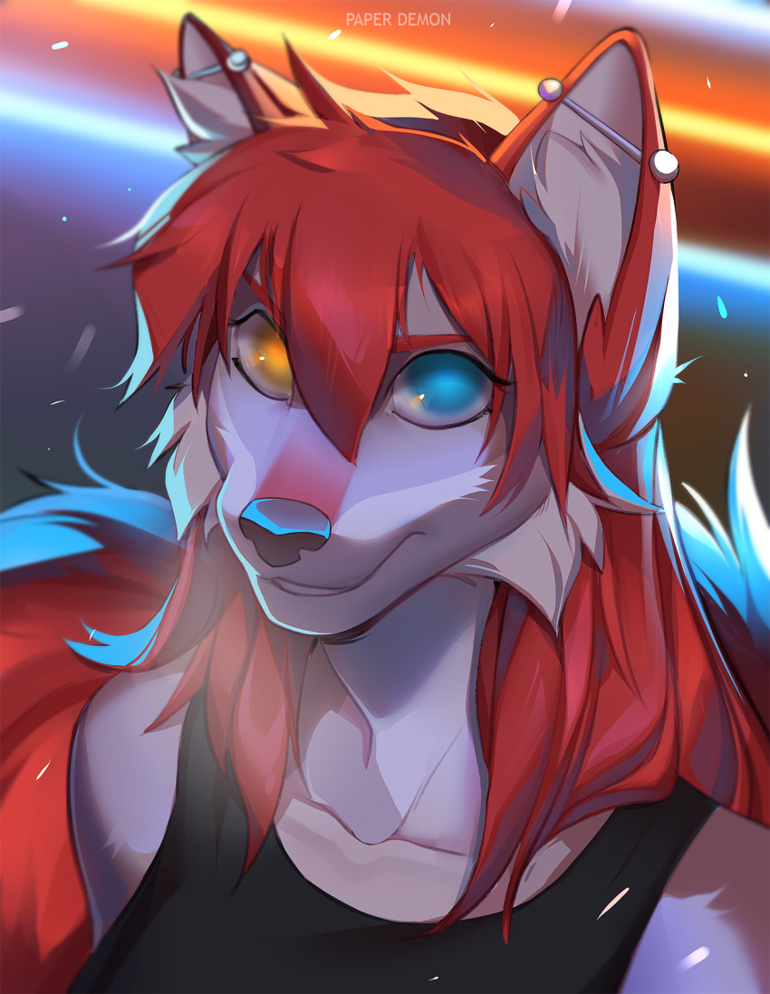 anthro blue_eyes bust_portrait canid canine canis ear_piercing female fur hair heterochromia hi_res icon inner_ear_fluff legend_of_ahya mammal paper_demon piercing portrait red_body red_fur red_hair smile solo taylor_renee_wolford_(darkflamewolf) tuft twilight wolf yellow_eyes