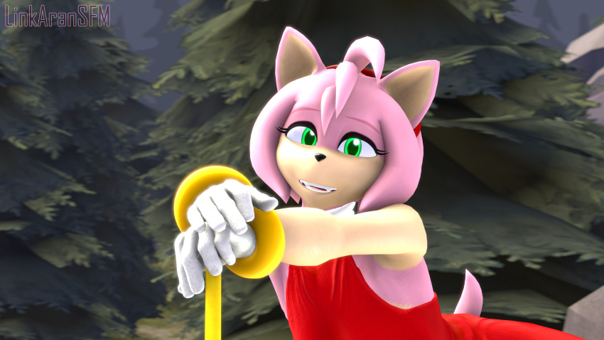 16:9 3d_(artwork) 4k absurd_res amy_rose anthro black_nose bracelet clothed clothed_female clothing digital_media_(artwork) dress ears_up english_text eulipotyphlan female fur gloves green_eyes hair handwear hedgehog hi_res jewelry leaning linkaransfm looking_at_viewer mammal open_mouth outside pink_body pink_fur pink_hair plant red_clothing red_dress sega smile solo sonic_the_hedgehog_(series) source_filmmaker_(artwork) tan_arms teeth text tree warfare_amy warfare_machine widescreen