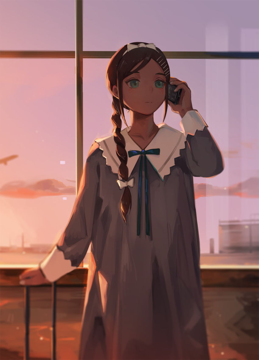 aonuma_neiru blouse blue_ribbon bow braid brown_hair cellphone chinese_commentary commentary dark-skinned_female dark_skin female green_eyes grey_shirt hair_ornament hairbow hairclip hand_up highres indoors kuto_(kuroto) long_sleeves phone railing ribbon shirt spoilers standing white_bow window wonder_egg_priority