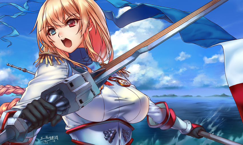 :d anchor artist_name banner black_gloves blonde_hair blue_background blue_eyes blue_sky braid breasts cloud commentary_request covered_nipples dated day epaulettes eyelashes female flag gauntlets gloves heterochromia holding holding_flag holding_weapon huge_breasts icqoo jeanne_d'arc_(warship_girls_r) long_hair looking_to_the_side machinery medal ocean open_mouth outdoors photoshop_(medium) red_eyes shirt sky smile solo sword teeth upper_body v-shaped_eyebrows warship_girls_r water weapon white_shirt