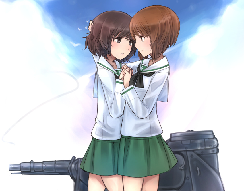 2girls akiyama_yukari bad_id bad_pixiv_id blouse blush brown_eyes brown_hair couple girls_und_panzer green_skirt heart heart-shaped_pupils holding_hands hug interlocked_fingers long_sleeves military military_vehicle miniskirt motor_vehicle multiple_girls neckerchief nishizumi_miho ooarai_school_uniform panzer_iv pleated_skirt school_uniform serafuku shirt short_hair skirt standing symbol-shaped_pupils tank umasanjin white_shirt yuri