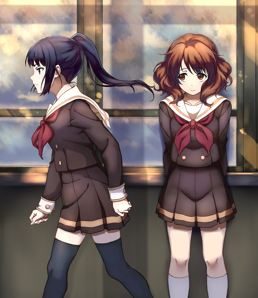 2girls black_hair blush brown_eyes brown_hair commentary_request hibike!_euphonium highres kitauji_high_school_uniform kousaka_reina long_hair multiple_girls neckerchief oumae_kumiko photoshop_(medium) ponytail purple_eyes red_neckerchief sanada_(tony2035176) school_uniform serafuku short_hair thighhighs zettai_ryouiki