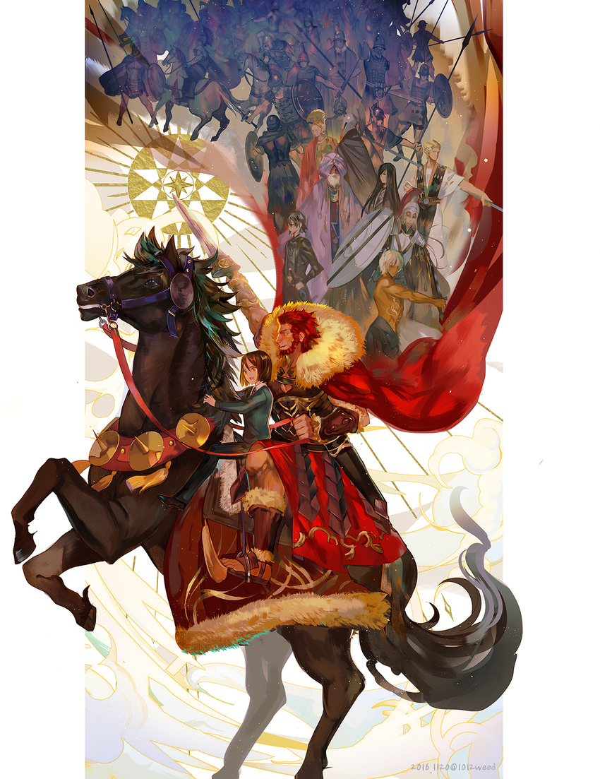 6+boys armor army beard black_hair bucephalus_(fate) cape commentary_request decagram eumenes_(fate) facial_hair fate/zero fate_(series) helmet highres horse horseback_riding ionioi_hetairoi_(fate) iskandar_(fate) long_hair male_focus mithrenes_(fate) moustache multiple_boys polearm ptolemy_(fate) red_hair riding shield soldier spear sword turban waver_velvet weapon weed_(astarone) white_hair