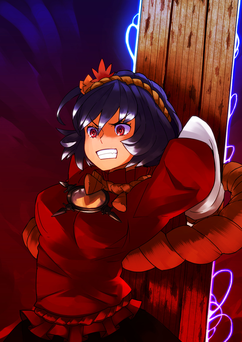 angry arms_behind_head bad_id bad_pixiv_id clenched_teeth energy female glowing hair_ornament highres imminent_throw leaf nosuku onbashira purple_hair red_eyes rope shimenawa short_hair solo teeth touhou yasaka_kanako