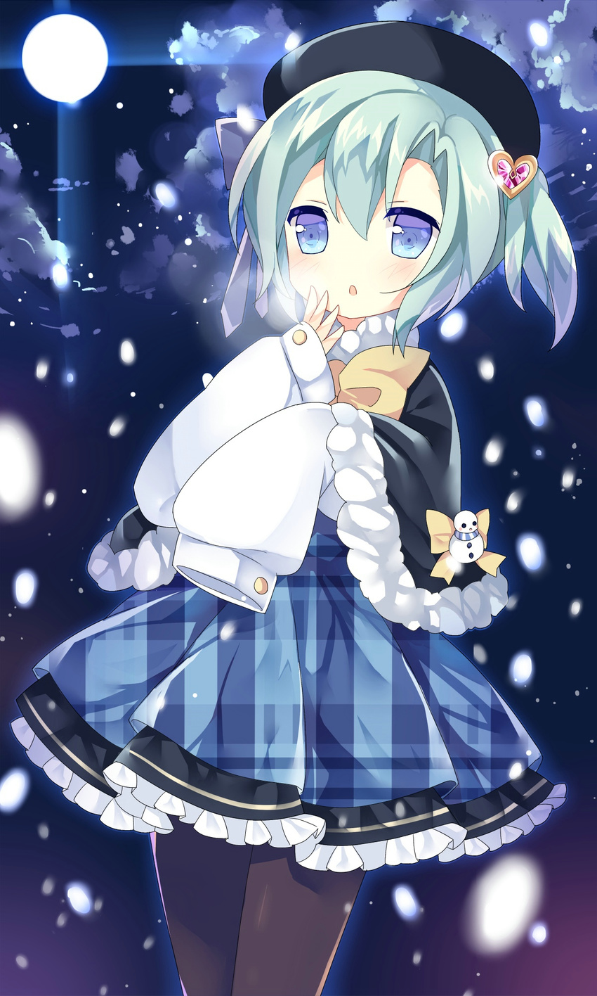 bad_id bad_pixiv_id beret black_hat black_pantyhose blue_eyes blue_skirt blush bow capelet cassin_young_(warship_girls_r) cloud female frilled_skirt frills green_hair grey_bow hair_ornament hand_on_own_chin hat heart heart_hair_ornament highres legs_together lens_flare looking_at_viewer moon night night_sky open_mouth outdoors pantyhose plaid plaid_skirt side_ponytail skirt sky sleeves_past_wrists snow snowman solo standing tsukimi_(xiaohuasan) warship_girls_r yellow_bow