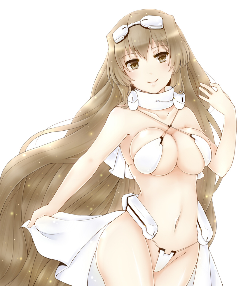 aoi_kimi bad_id bad_pixiv_id bikini blush breasts brown_eyes brown_hair cleavage criss-cross_halter female halterneck highres kyoukaisenjou_no_horizon large_breasts long_hair mizuki_miyu navel smile solo swimsuit very_long_hair white_bikini