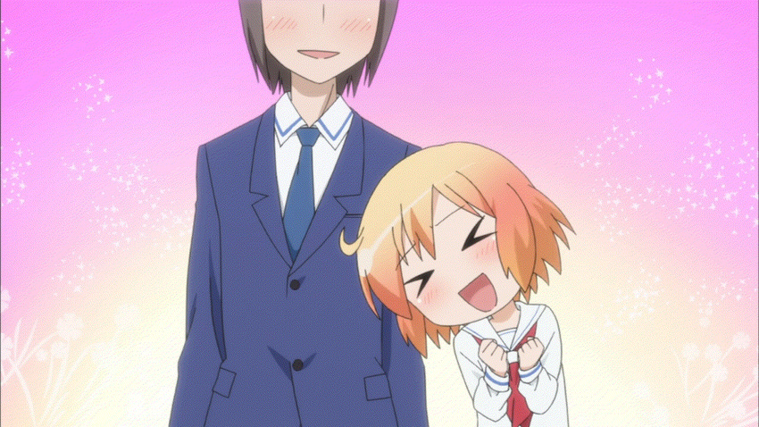 >_< 1boy :d animated animated black_hair blazer blush closed_eyes female happy height_difference jacket kotoura-san kotoura_haruka manabe_yoshihisa mukunoki_nanatsu necktie open_mouth orange_eyes orange_hair rubbing school_uniform serafuku short_hair smile sonna_koto_ura_no_mata_urabanashi_desho? xd