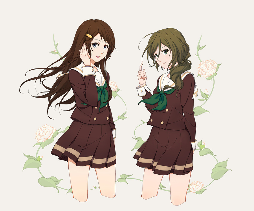 2girls blue_eyes blush braid brown_eyes brown_hair commentary_request extra green_eyes green_neckerchief hair_ornament hairclip hibike!_euphonium highres kitamura_raina kitauji_high_school_uniform long_hair multiple_girls neckerchief photoshop_(medium) pleated_skirt ponytail sanada_(tony2035176) school_uniform serafuku single_braid skirt souga_yoriko tucking_hair twirling_hair