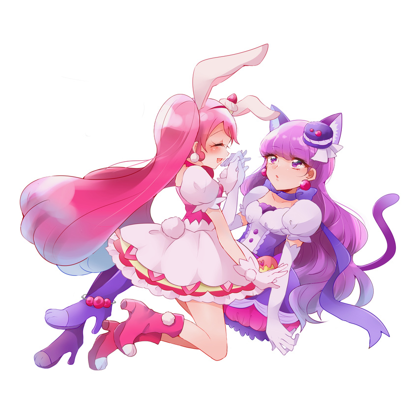 2girls absurdres animal_ears boots bow bow_choker cake_hair_ornament cat_ears cat_tail choker closed_eyes commentary_request cure_macaron cure_whip dress earrings elbow_gloves extra_ears food-themed_hair_ornament gloves hair_ornament highres holding_hands jewelry kirakira_precure_a_la_mode kotozume_yukari long_hair looking_at_another macaron_hair_ornament magical_girl multiple_girls pink_footwear pink_hair pom_pom_(clothes) pom_pom_earrings precure purple_bow purple_choker purple_dress purple_eyes purple_footwear purple_hair purple_tail rabbit_ears rabbit_tail ribbon_choker shoes smile tail transparent_background usami_ichika white_dress white_gloves yutsuchi