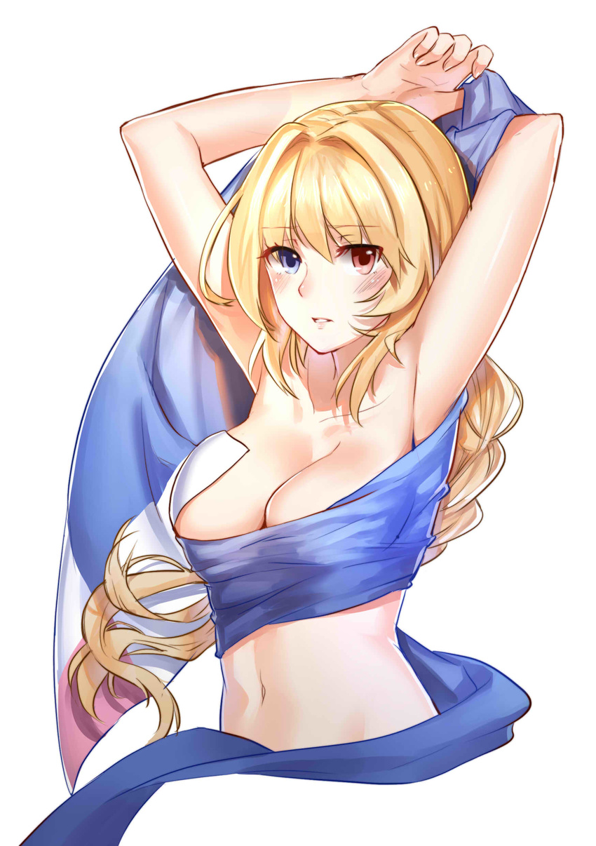 absurdres aer_(tengqiu) arm_behind_head armpits arms_up banner blonde_hair blue_eyes blush braid breasts cleavage collarbone commentary_request female flag heterochromia highres jeanne_d'arc_(warship_girls_r) large_breasts long_hair looking_at_viewer navel parted_lips red_eyes simple_background solo upper_body warship_girls_r white_background