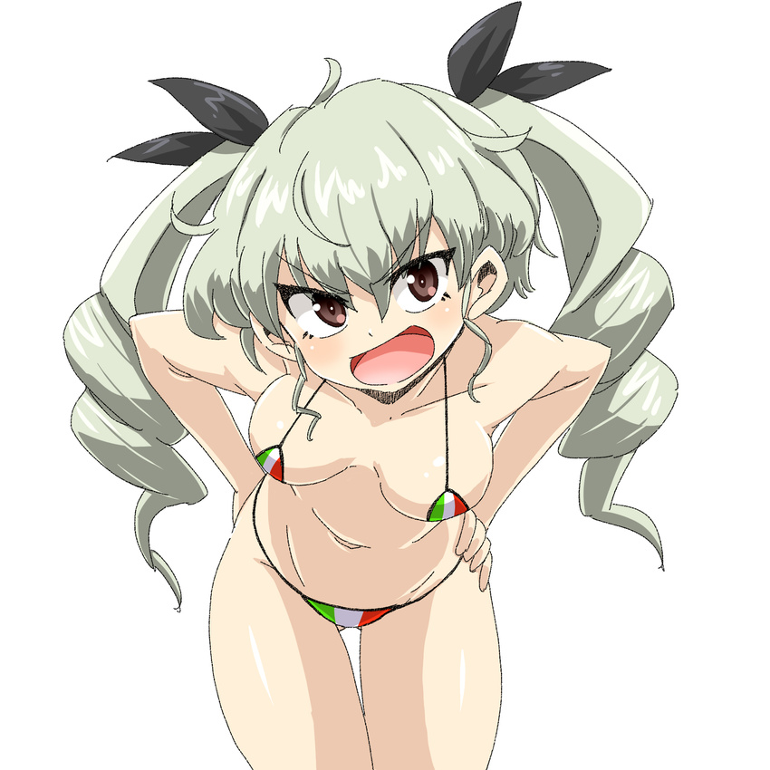 anchovy_(girls_und_panzer) aono3 bikini breasts commentary_request cowboy_shot drill_hair female flag_print girls_und_panzer green_hair hair_ribbon hands_on_own_hips highres italian_flag italian_flag_bikini long_hair looking_at_viewer medium_breasts micro_bikini open_mouth print_bikini red_eyes ribbon simple_background smile solo standing swimsuit twin_drills twintails white_background