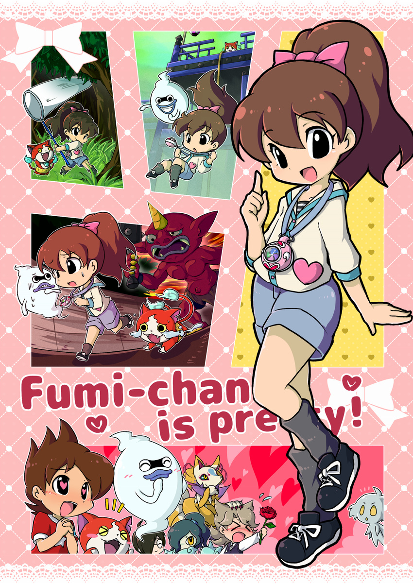 >_< 4boys akaoni_(youkai_watch) amano_keita blue_lips blush brown_hair butterfly_net closed_eyes colored_skin commentary_request crying english_text fangs feline female flower forest ghost glasses grass green_hair grin hair_over_one_eye hand_net haramaki heart heart-shaped_pupils high_ponytail highres hikage_mao horns jibanyan kitsune kodama_fumika kyuubi kyuubi_(youkai_watch) long_hair monster_boy multiple_boys multiple_tails nature notched_ear open_mouth orochi_(youkai_watch) outdoors pendant_watch pointy_ears red_shirt red_skin rose running shiokake shirt short_hair single_horn smile star_(symbol) streaming_tears sweater_vest symbol-shaped_pupils t-shirt tail tears traditional_youkai tree two_tails watch whisper_(youkai_watch) youkai_(youkai_watch) youkai_guts_f youkai_watch youkai_watch_(object)