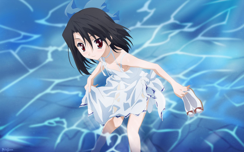 black_hair dress hair_ribbon kiyoura_setsuna pettanko red_eyes school_days summer_days wet