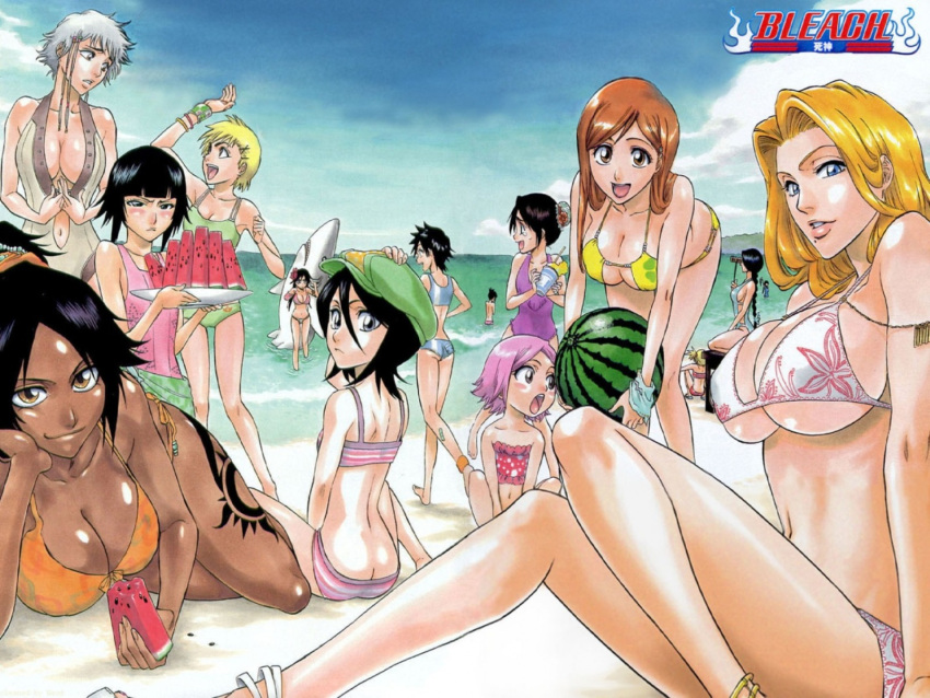 bleach hairpin high_res hinamori_momo inoue_orihime kotetsu_isane kotetsu_kiyone kuchiki_rukia kusajishi_yachiru matsumoto_rangiku mizugi shihouin_yoruichi soi_fon swimwear unohana_retsu wallpaper