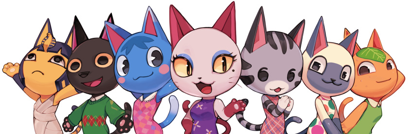 6+girls :3 animal_crossing animal_ears ankha_(animal_crossing) arched_back argyle_clothes argyle_dress arm_behind_head arm_up arms_up bandages bare_shoulders black_eyes blonde_hair blue_eyeshadow blue_hair blunt_bangs breasts brown_eyes cat_ears cat_tail closed_mouth colored_sclera commentary dress egyptian eyeshadow flat_chest floral_print furry furry_female green_dress green_sweater hair_ornament hand_on_own_hip hand_up hands_up happy highres kiki_(animal_crossing) leaf leaning_forward lolly_(animal_crossing) looking_at_another looking_at_viewer looking_to_the_side looking_up makeup medium_breasts mitzi_(animal_crossing) mole mole_under_eye multicolored_clothes multicolored_dress multicolored_hair multiple_girls olivia_(animal_crossing) open_mouth outstretched_arms own_hands_together pawpads pink_dress plaid plaid_dress praise_the_sun purple_dress rosie_(animal_crossing) shiny_skin shirt short_hair simple_background sleeveless sleeveless_dress small_breasts smile snake_hair_ornament spread_arms standing sweater tail tangy_(animal_crossing) tuxedo_de_cat two-tone_hair upper_body v_arms whiskers white_background white_dress white_shirt yellow_sclera