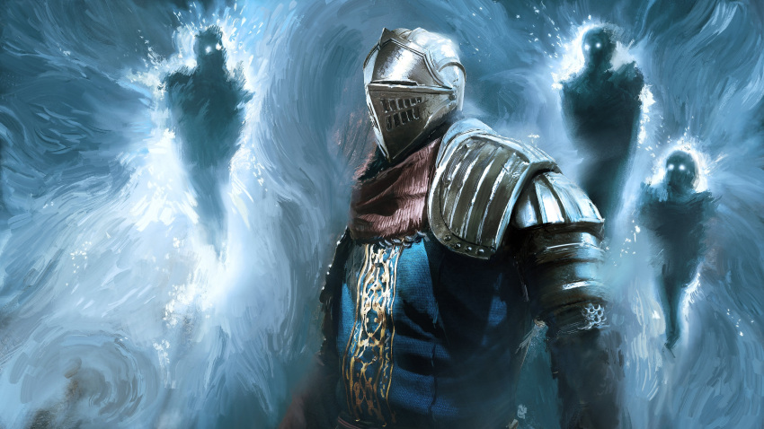 1other absurdres ambiguous_gender armor blue_background blue_theme chosen_undead commentary creature dark_souls_(series) dark_souls_i english_commentary espen_olsen_saetervik full_armor gauntlets helm helmet highres humanity_(dark_souls) knight looking_at_another pauldrons shield shiny shoulder_armor shoulder_plates sword weapon white_background