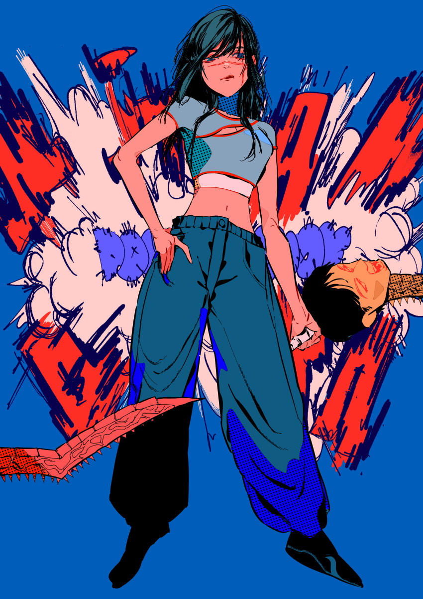 absurdres baggy_pants black_hair blue_eyes blue_shirt chainsaw_man cleavage_cutout clothing_cutout commentary_request crop_top cross_scar explosion female highres holding holding_sword holding_weapon long_hair looking_at_viewer matumot pants partial_commentary red_background scar scar_on_cheek scar_on_face severed_head shirt simple_background solo sword tanaka_(chainsaw_man) weapon yoru_(chainsaw_man)