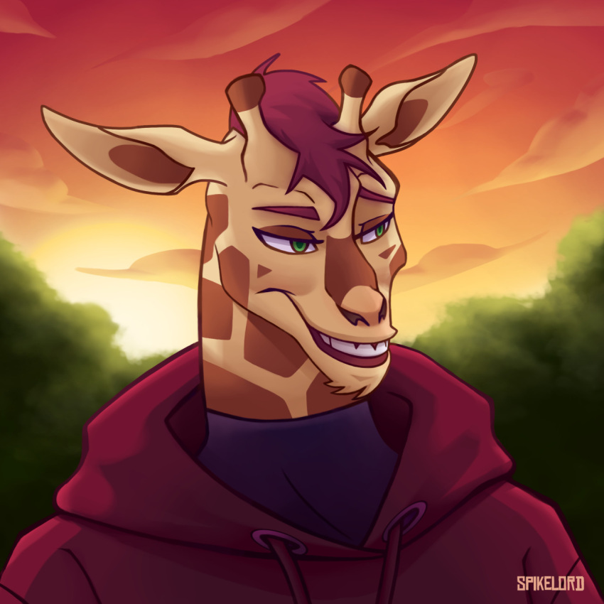 1:1 anthro antlers bust_portrait chin_tuft clothing cloud facial_tuft flaviomodezto fur giraffe giraffid green_eyes hair hi_res hoodie horn male mammal markings orange_body orange_fur outside portrait red_hair smile solo spots spotted_body spotted_fur sunset teeth_showing topwear tuft