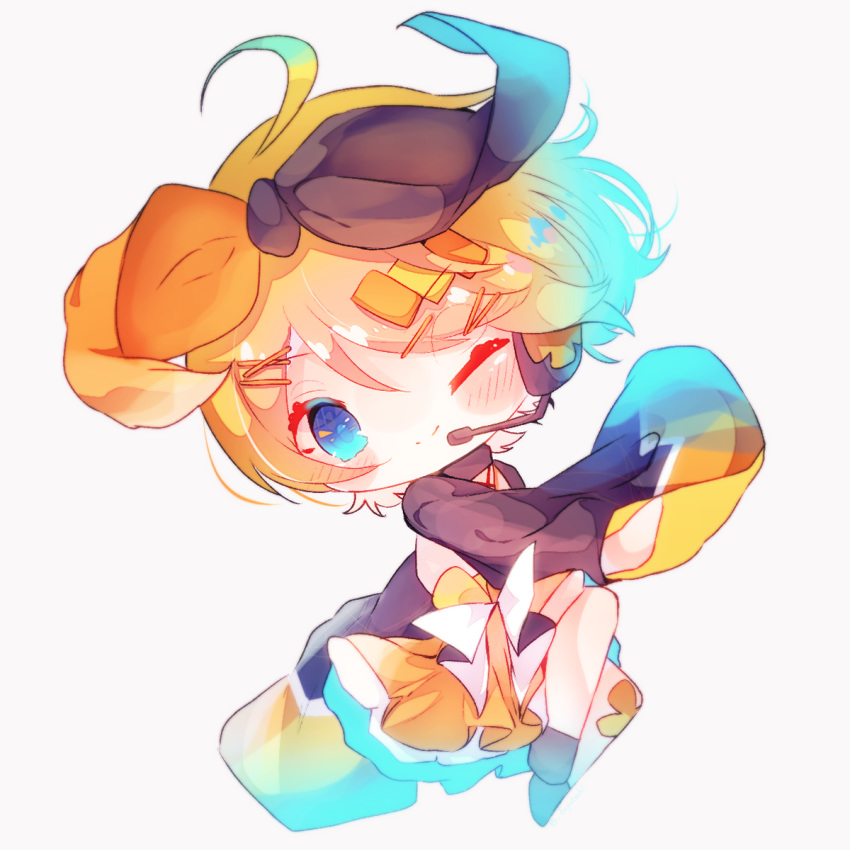 black_bow black_sleeves blonde_hair bloom blue_eyes bow chibi commentary female full_body fuyuzuki_gato hair_ornament hairbow hairclip headset highres japanese_clothes kagamine_rin kimono looking_at_viewer magical_mirai_(vocaloid) magical_mirai_rin magical_mirai_rin_(2020_summer) one_eye_closed orange_bow short_hair smile solo swept_bangs two-tone_bow vocaloid white_background