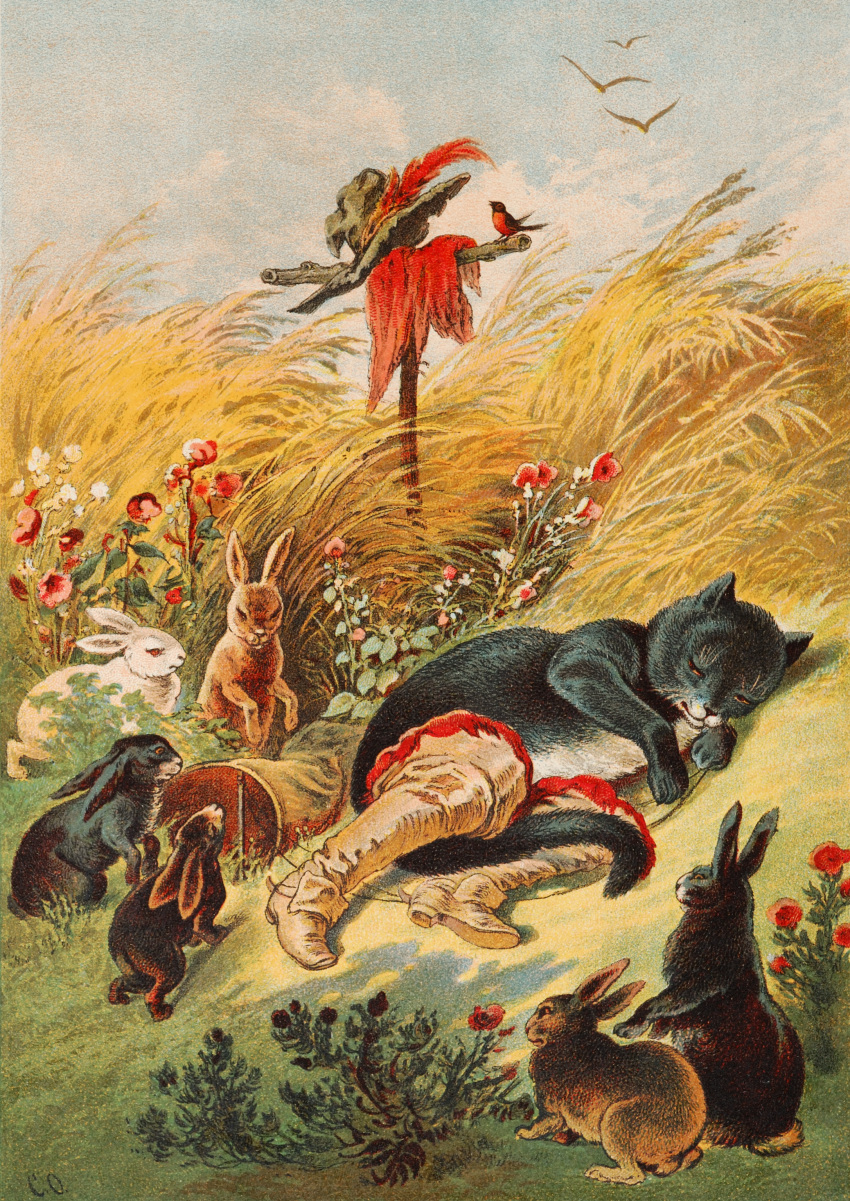 19th_century absurd_res ambient_bird ambient_flier ambient_silhouette ambiguous_gender ancient_art anthro avian bird black_body black_fur boots boots_only brown_body brown_fur carl_offterdinger clothing day detailed_ambient_creature detailed_background domestic_cat european_mythology fairy_tales feather_ornament felid feline felis feral flower footwear footwear_only fur group hat_feather hat_ornament headgear headwear hi_res lagomorph leporid long_ears loose_feather male mammal mostly_nude mythology nude outside plant public_domain puss_in_boots_(folklore) quadruped rabbit scarecrow silhouette size_difference sky traditional_media_(artwork) trap_(contrivance) white_body white_fur