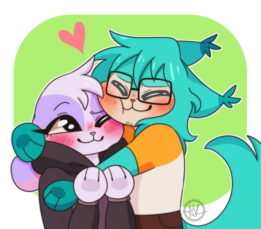 adoodle anthro blue_body blue_fur blush duo eyewear felid feline female fur glasses hi_res hug hunibun hunicast kovicat lagomorph leporid love male mammal purple_body purple_fur rabbit romantic romantic_couple simple_background watermark