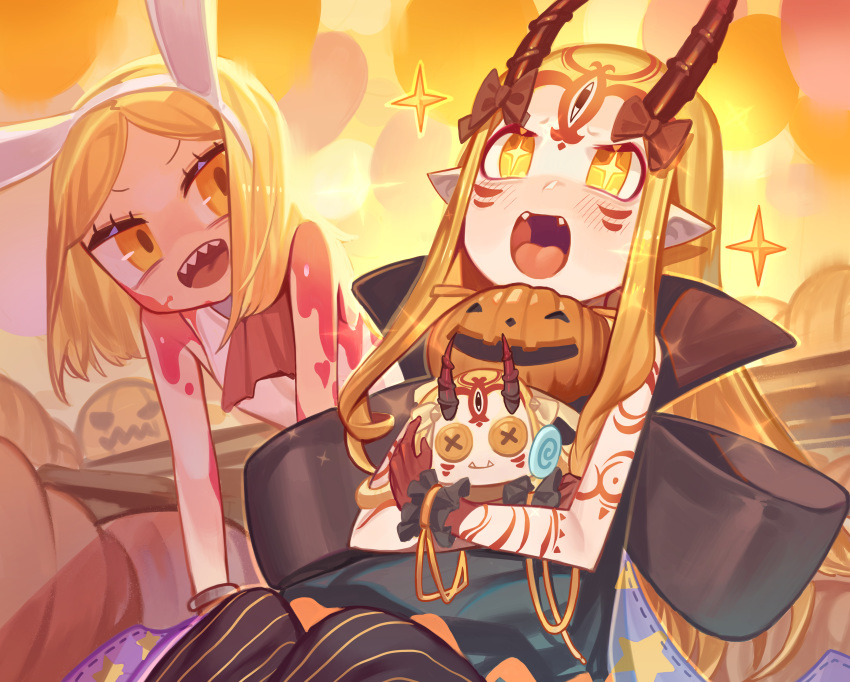 +_+ 2girls absurdres blush character_doll commentary_request cup facial_mark fang_out fate/grand_order fate_(series) fingernails flat_chest forehead_mark hair_ornament halloween highres horns ibaraki_douji_(fate) ibaraki_douji_(festival_outfit)_(fate) jack-o'-lantern japanese_clothes kimono long_hair multiple_girls oerba_yun_fang oni oni_horns open_mouth paul_bunyan_(fate) paul_bunyan_(festival_outfit)_(fate) pointy_ears pumpkin purple_kimono sakazuki sb_lama sharp_fingernails short_hair sparkle tattoo teeth very_long_hair yellow_eyes yellow_kimono