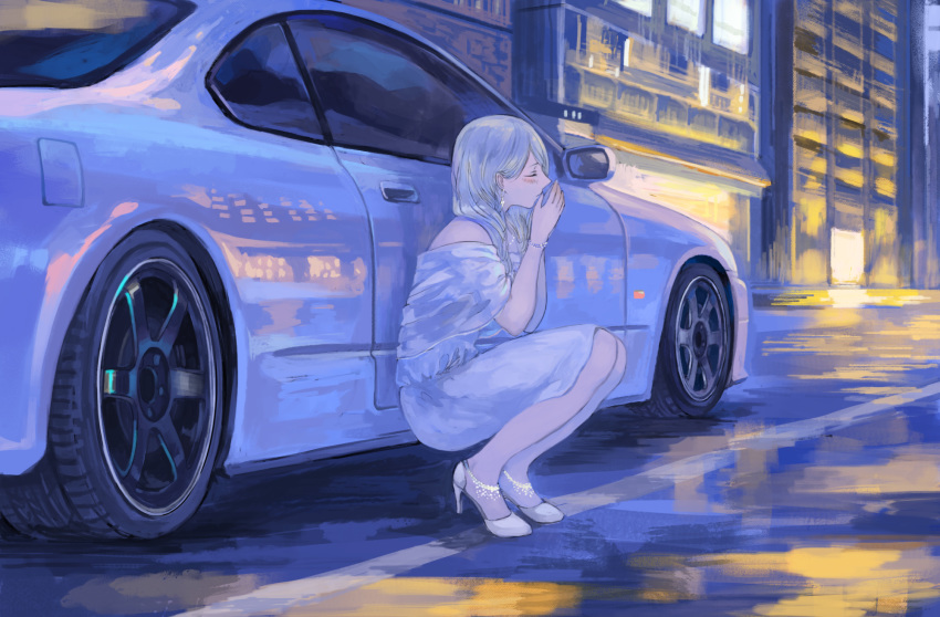 blonde_hair building car city dress long_hair momo_hiki original wristwear