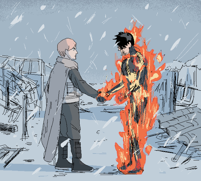 2boys agni_(fire_punch) album_cover album_cover_redraw black_hair blonde_hair boots burning cape cover derivative_work doma_(fire_punch) fire_punch grey_cape handshake holding_hands looking_at_another male_focus multiple_boys pink_floyd psicochurroz short_hair snow snowing vest wish_you_were_here