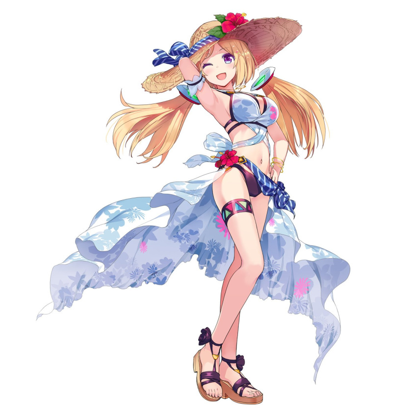 aki_rosenthal aki_rosenthal_(hololive_summer_2019) arm_up armband armpits bikini blonde_hair bob_cut breasts commentary_request dawn_of_the_breakers detached_hair female floating_hair flower full_body groin hand_on_own_hip hat hibiscus highres hololive long_hair looking_at_viewer low_twintails medium_breasts navel official_alternate_costume official_art one_eye_closed open_mouth parted_bangs purple_eyes sandals short_hair solo sun_hat swimsuit twintails virtual_youtuber wakaba_sprout white_background