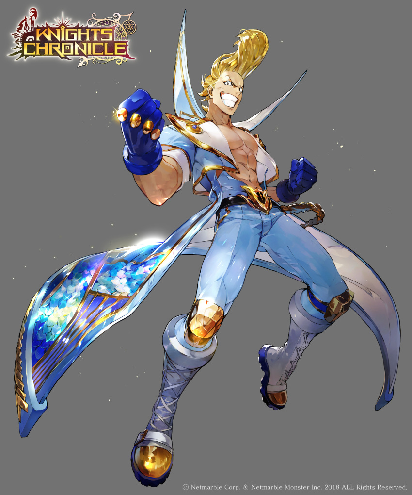 1boy abs absurdres belt blonde_hair boots commentary_request copyright_name full_body gloves grey_background highres knights_chronicle male_focus official_art open_clothes open_shirt pompadour solo sparkle taiyo_(knights_chronicle) teeth yon_(yonana)