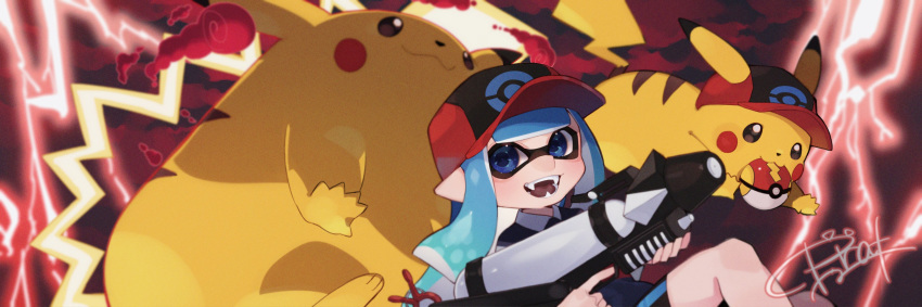 absurdres animal artist_name baseball_cap bike_shorts black_shorts blue_eyes blue_hair blunt_bangs blunt_ends clothed_pokemon collared_shirt commentary company_connection crossover english_commentary fangs fast_ball female film_grain gigantamax gigantamax_pikachu hat highres holding holding_weapon inkling inkling_girl inkling_player_character lightning lightning_bolt_symbol long_hair looking_at_viewer open_mouth oversized_animal pikachu pointy_ears poke_ball poke_ball_symbol pokemon pokemon_(creature) prat_rat red_headwear shirt shorts signature single_vertical_stripe smile smoke splatoon_(series) splattershot_pro_(splatoon) tentacle_hair weapon white_shirt