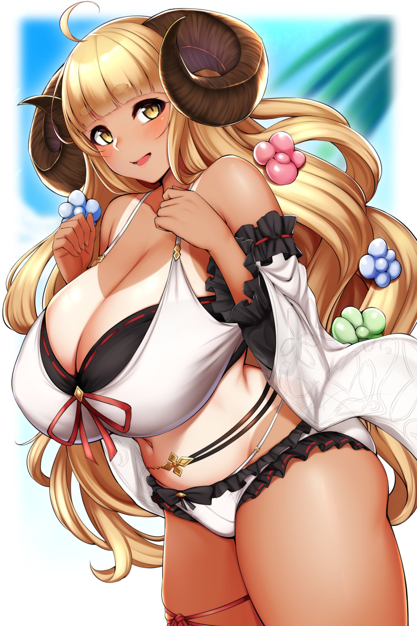 absurdres ahoge anila_(granblue_fantasy) anila_(summer)_(granblue_fantasy) bikini blonde_hair blunt_bangs breasts cleavage detached_sleeves draph female granblue_fantasy highres horns huge_breasts kusahagane long_hair looking_at_viewer official_alternate_costume sheep_horns solo swimsuit tan tanlines thick_eyebrows thighs white_bikini wide_sleeves yellow_eyes