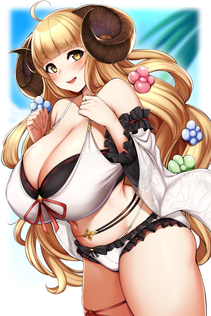 absurdres ahoge anila_(granblue_fantasy) anila_(summer)_(granblue_fantasy) bikini blonde_hair blunt_bangs breasts cleavage commentary_request detached_sleeves draph female granblue_fantasy highres horns huge_breasts kusahagane long_hair looking_at_viewer official_alternate_costume sheep_horns solo swimsuit thick_eyebrows thighs white_bikini wide_sleeves yellow_eyes