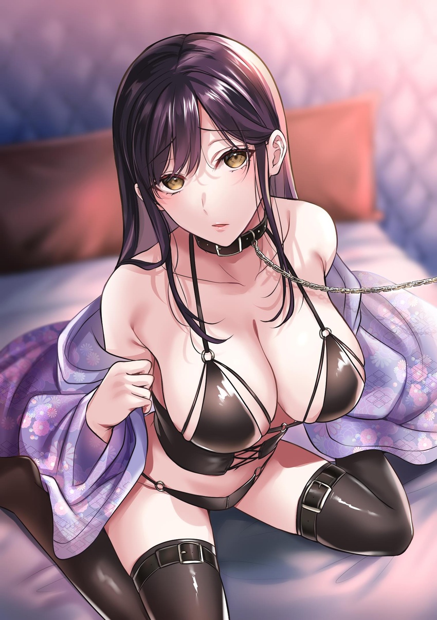 bare_shoulders bed black_bra black_collar black_hair black_panties black_thighhighs blurry bra breasts brown_eyes chains cleavage collar collarbone depth_of_field female halterneck highres japanese_clothes kimono large_breasts leash leg_belt lingerie long_hair looking_at_viewer no_shoes off_shoulder on_bed open_clothes open_kimono original panties parted_lips ppp_room purple_kimono sidelocks sitting skindentation solo string_bra string_panties thighhighs thighs underbust underwear underwear_only wariza