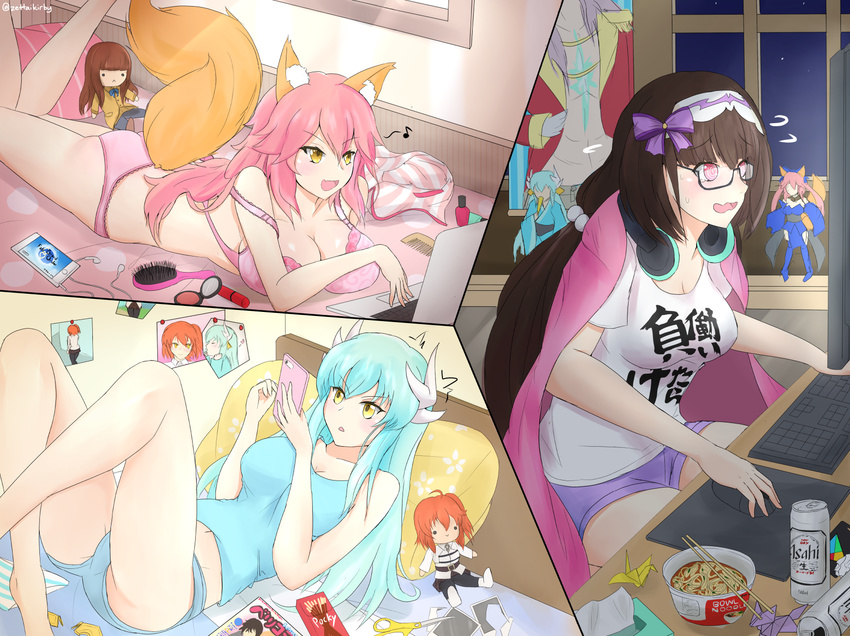 3girls @_@ ahoge animal_ears aqua_hair ass at_computer black_hair bow bowl bra breasts casual cellphone chaldea_uniform character_doll chopsticks cleavage clothes_writing comb commentary computer cup_ramen dragon_horns fate/extra fate/grand_order fate_(series) food fox_ears fox_girl fox_tail fujimaru_ritsuka_(female) hadoukirby hair_brush hairbow headphones headphones_around_neck highres horns kishinami_hakuno_(female) kiyohime_(fate) laptop large_breasts lingerie lying multiple_girls noodles oerba_yun_fang on_back on_stomach open_mouth orange_hair origami osakabehime_(fate) panties paper_crane phone photo_(object) pink_bra pink_hair pink_panties pocky scissors side_ponytail siegfried_(fate) sitting smartphone tail tamamo_(fate) tamamo_no_mae_(fate/extra) twitter_username underwear underwear_only uniform yellow_eyes you_work_you_lose