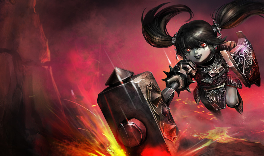 alternate_costume armor artist_request female league_of_legends noxus_poppy official_art photoshop_(medium) poppy_(league_of_legends) red_eyes shield solo twintails war_hammer weapon yordle