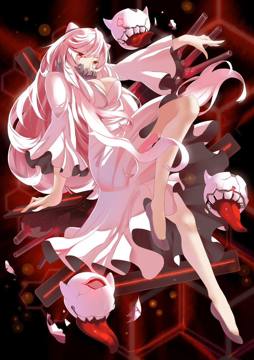 abyssal_ship breasts commentary_request covered_mouth dress female highres horns kantai_collection large_breasts long_hair looking_at_viewer midway_princess pale_skin red_eyes solo white_dress white_hair yonoki