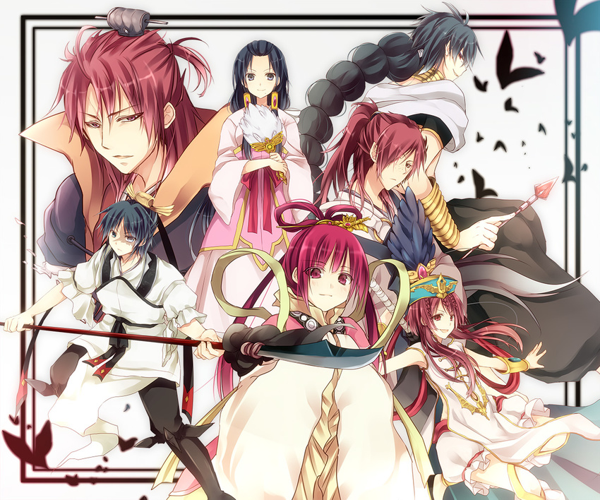 3girls 5boys black_hair braid brother_and_sister brothers chinese_clothes commentary_request cousins freckles guan_dao hair_rings hand_fan hanfu jewelry judal long_hair magi_the_labyrinth_of_magic midriff mizuki_hau multiple_boys multiple_girls neck_ring photoshop_(medium) polearm red_eyes red_hair ren_hakuei ren_hakuryuu ren_kouen ren_kougyoku ren_kouha ren_koumei scar siblings single_braid sword weapon