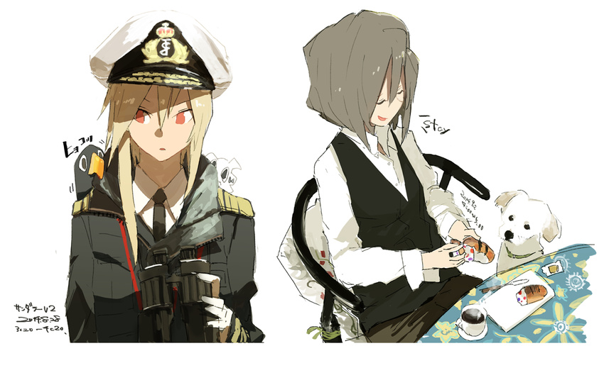 binoculars blonde_hair bread breakfast canine casual coffee commentary_request dress_shirt epaulettes failure_penguin food hat hms_conqueror_(siirakannu) hms_thunderer_(siirakannu) kantai_collection looking_away military military_uniform miss_cloud necktie original peaked_cap shirt short_hair siirakannu uniform vest