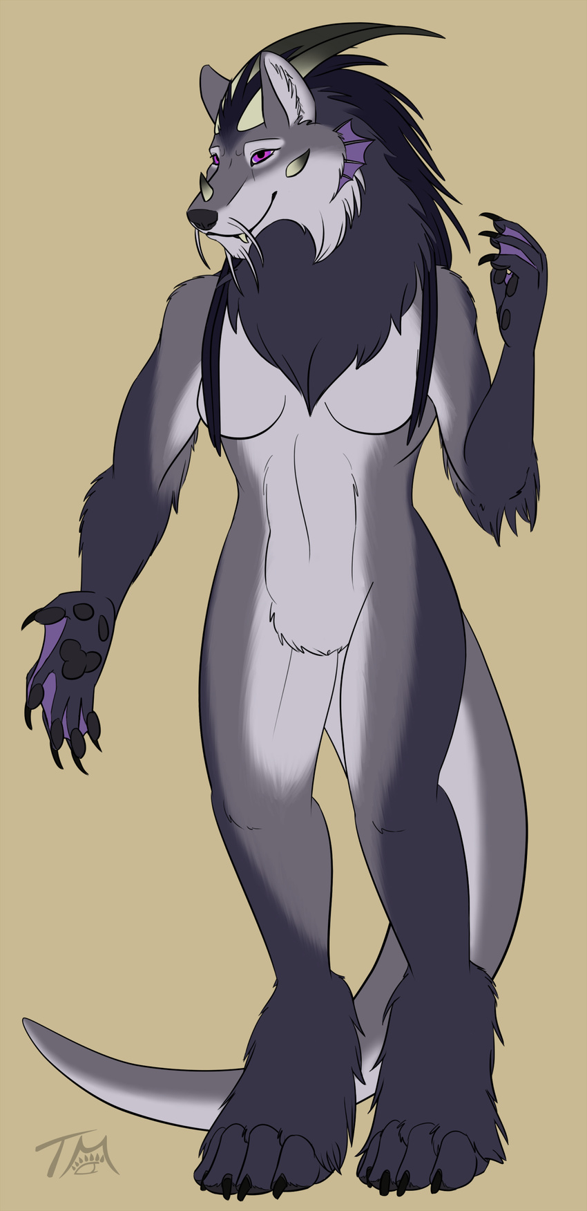 absurd_res anthro bakari breasts canid canine featureless_breasts female fish fur hair hi_res horn hybrid looking_at_viewer mammal marine nude simple_background solo standing