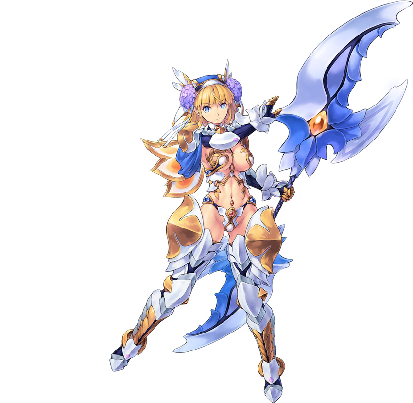 armor armored_boots awakening_(sennen_sensou_aigis) bikini_armor blonde_hair blue_eyes boots cynthia_(sennen_sensou_aigis) female full_body gloves headdress highres holding holding_weapon huge_weapon long_hair looking_at_viewer navel official_art sennen_sensou_aigis solo transparent_background uchiu_kazuma weapon