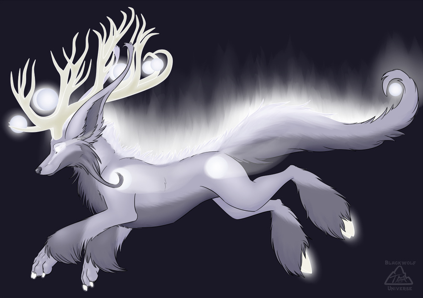 ambiguous_gender antlers bakari canid canine feral fur glowing glowing_eyes hair horn hybrid magic mammal solo