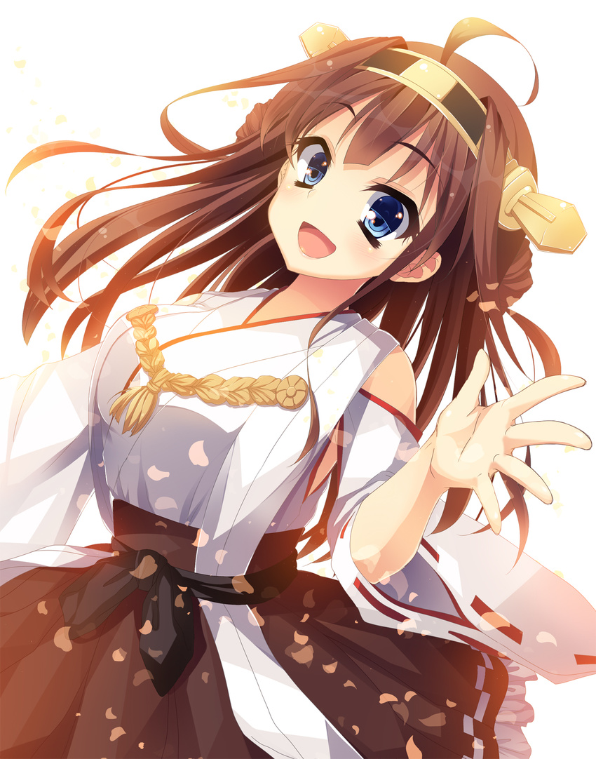 :d bad_id bad_pixiv_id bare_shoulders blouse blue_eyes breasts brown_hair detached_sleeves double_bun female hair_bun hair_ornament hairband headgear highres japanese_clothes kantai_collection kongou_(kancolle) long_hair long_sleeves looking_at_viewer medium_breasts nontraditional_miko open_mouth petals photoshop_(medium) revision ribbon-trimmed_sleeves ribbon_trim round_teeth shirt simple_background skirt smile solo suidou_(kyupirapper) teeth white_background