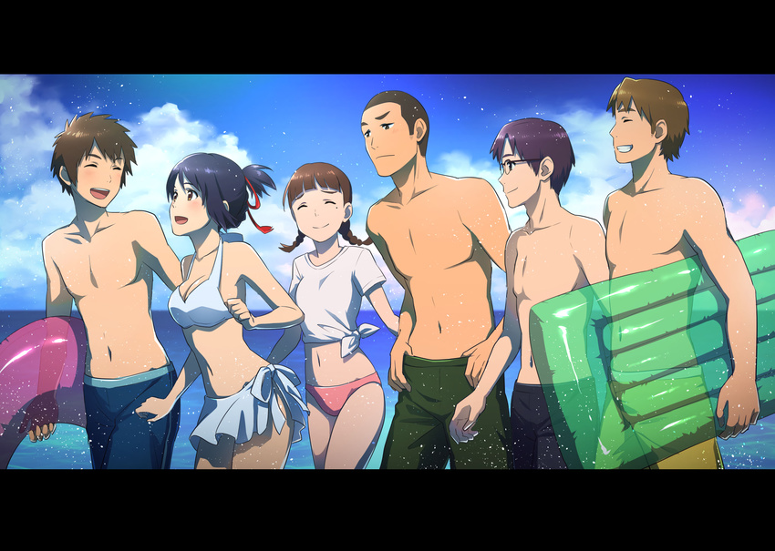 black_hair blush breasts brown_eyes brown_hair clouds glasses group kalua kimi_no_na_wa male miyamizu_mitsuha navel ponytail purple_hair short_hair skirt sky swim_ring tachibana_taki tagme_(character) water